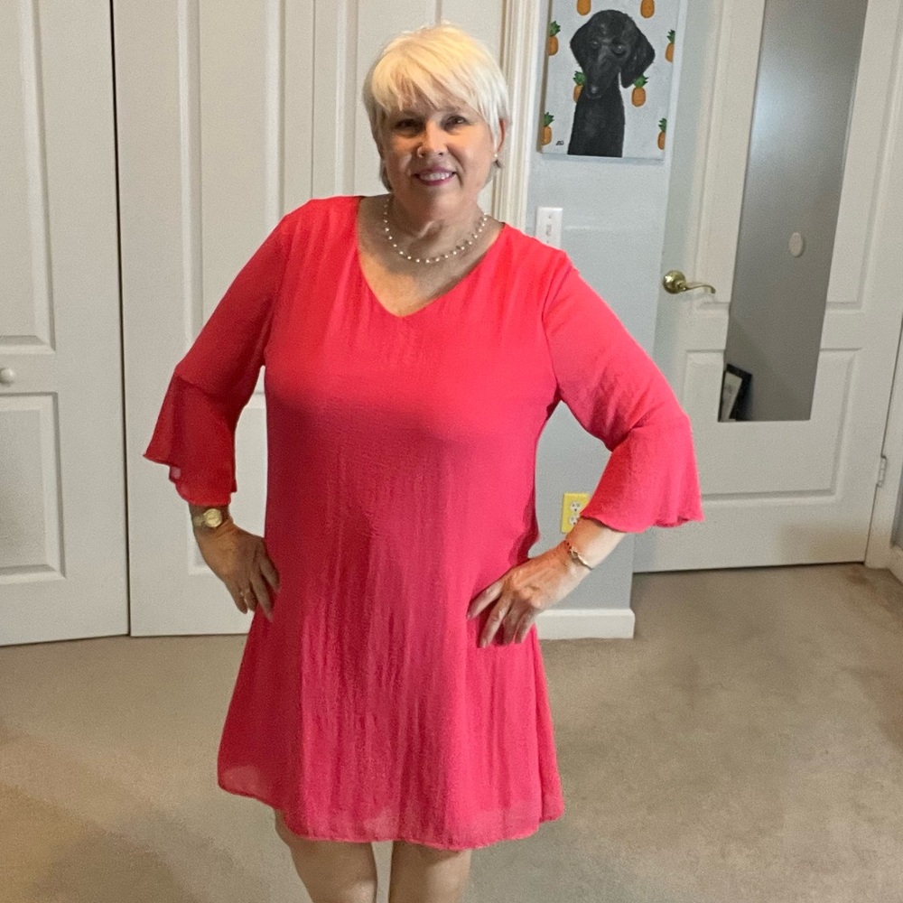 Tacera Bright Coral Pink Chiffon Shift Dress XL • Lined • Bell Sleeve EUC